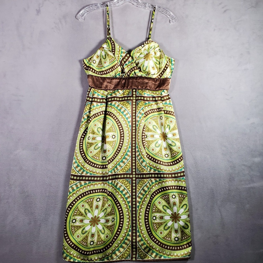 VTG Y2K Alyn Paige Babydoll Dress Juniors 7/8 Green Brown Geometric Midi Boho‎
